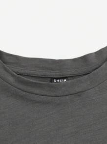 SHEIN EZwear 女士加大码纯色圆领拼接 A 字型棉质娃娃裙 T 恤（灰色） - 灰色 - 查看 4