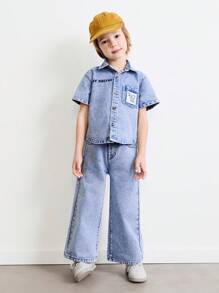 SHEIN Young Boy Casual Washed Denim Short Sleeve Shirt And Pants 2Pcs Set - Blue - View 1