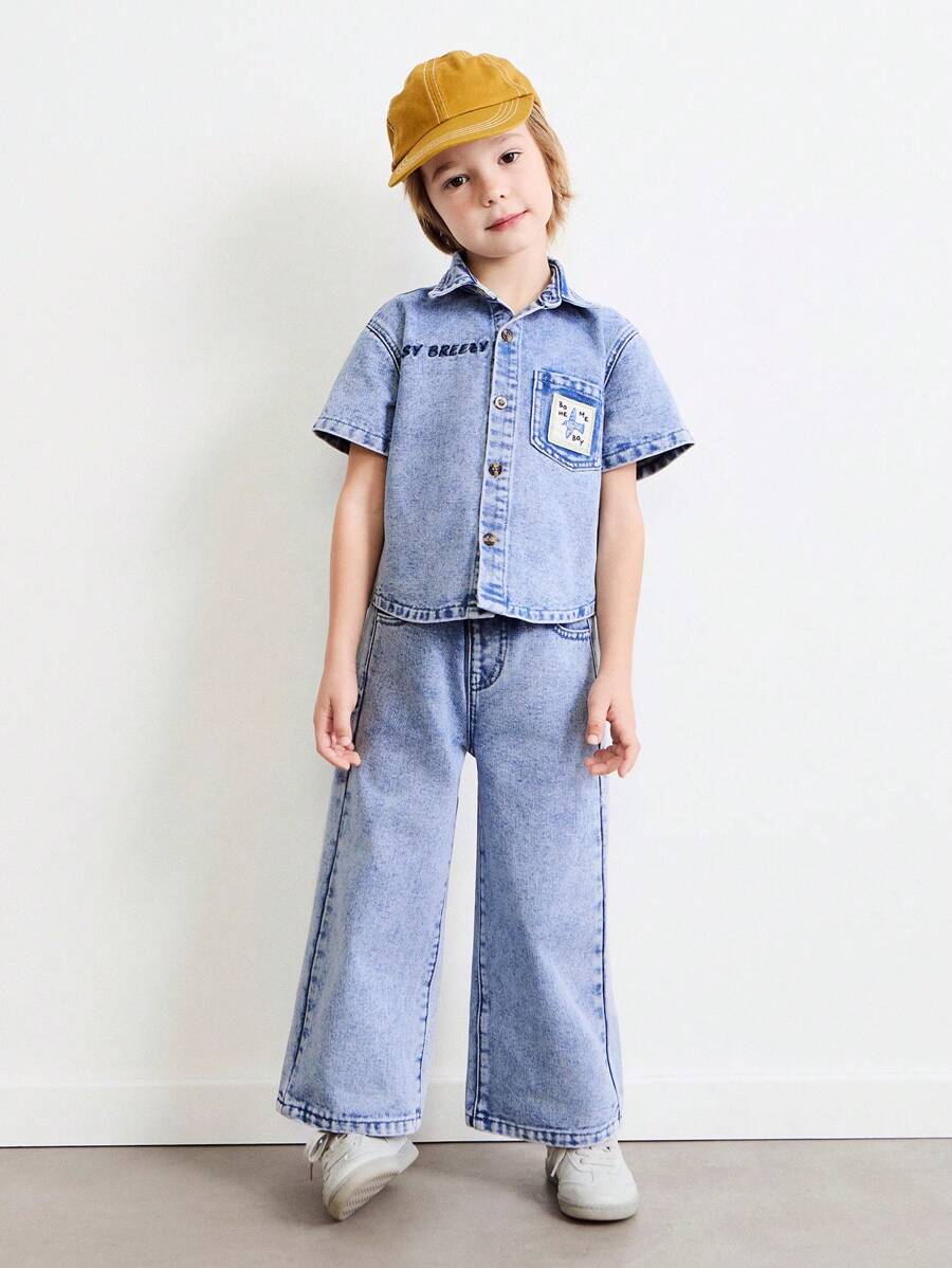 SHEIN Young Boy Casual Washed Denim Short Sleeve Shirt And Pants 2Pcs Set - Blue - View 1