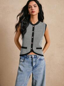 Poéselle 新款撞色条纹针织背心，秋冬时尚女士针织马甲 - 黑色 - 查看 5