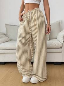 Muchica Casual Textured Striped Fabric Drawstring Waist Wide Leg Pants