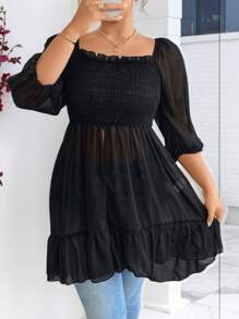 Elenzga Plus Size Mid-Length Chiffon Sheer Sunscreen Black Blouse - Black - View 5