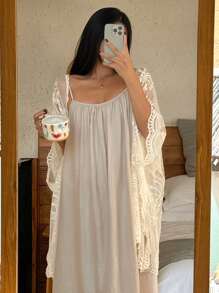 DAZY 2pcs Women Loose Lace Pajama Set, Fall Winter Clothes - Apricot - View 8