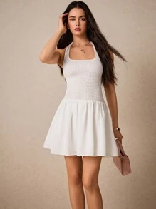 Poéselle Women's Solid Color White Halter Neck Elegant Short Dress,Backless Dress,White Dress