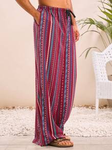 Manfinity VCAY Men's Lightweight Woven Casual Elastic Waist Loose Boho Retro Print Oversize Beach Pants, Summer Beachwear - Burgundy - View 4