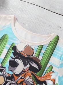 Conjunto de 2 piezas de camiseta con estampado de un perro montado en una motocicleta al estilo occidental + pantalón caqui para niños pequeños (talla pequeña), adecuado para uso diario, juego al aire libre y reuniones familiares, conjunto de verano para niños