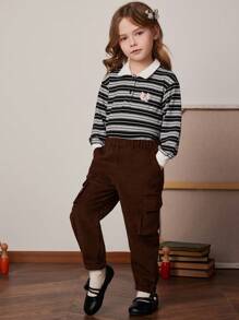 PrepCrw Pantalones cargo con cintura elástica para niñas pequeñas de primavera/verano - Marrón - Ver 4