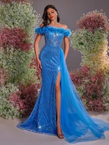 Glamrae Váy Maxi đuôi cá xẻ tà 3D thêu hoa sequin sang trọng thanh lịch, phù hợp cho đám cưới, tiệc tùng, hẹn hò, vũ hội, tiệc chiêu đãi, váy dự tiệc cưới, váy trang trọng, váy dạ hội - Màu xanh bụi bặm - Xem 4