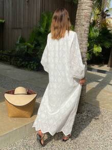 Livesso Einfarbiges Jacquard-Kleid im lässigen Boho-Stil mit V-Ausschnitt und Langarm für Frauen, Herbst, Lehreroutfits