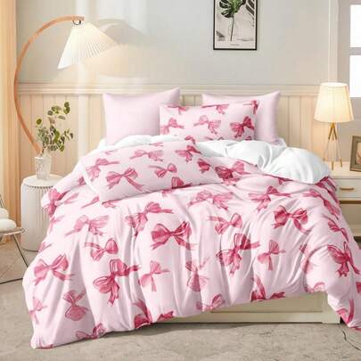 3pcs Watercolor Pink Bow Tie Valentine's Day Digital Print Bedding Set (1 Duvet Cover + 2 Pillowcases, Comforter Not Included), Cute Girly Style, Daily Use Soft Polyester Fabric, Suitable For All Seasons Bedroom/Dorm, Romantic Home Decor, Elegant Bedding