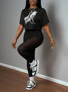 Slaydiva 大码新款春夏休闲街头性感圆领落肩短袖手指标语Logo英文印花T恤+紧身透视网眼拼接针织面料女两件套夏装女装