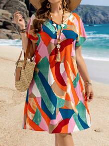 EMERY ROSE 加大码彩色花卉印花蝙蝠袖休闲度假连衣裙，女士夏季服装/夏季/夏季服装，波西米亚风女装