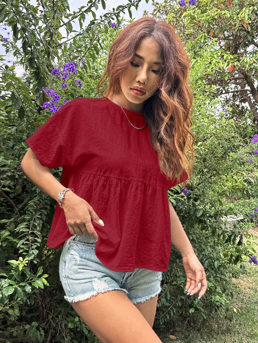 SHEIN EZwear 女士宽松蝙蝠翼短袖衬衫，酒红色 - 酒紅色 - 查看 1