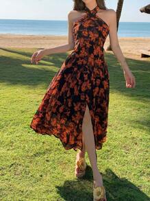 DAZY Ditsy Floral Full Pattern Vacation Style Beach Halter Open Back V-Neck Drawstring Tie Waist High Slit Midi Dress For Women Summer Cruise Women Outfits - Red - View 7