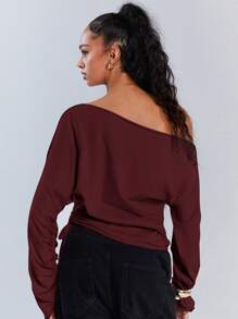 Athîral 女士休闲纯色不对称领抽绳上衣，秋季，复古款上衣，端庄，机场