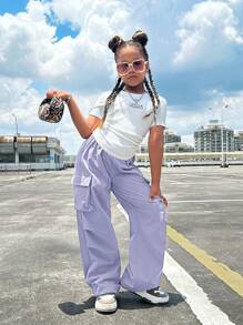 SHEIN Girlism 青少年女孩罗纹褶皱短袖 T 恤搭配袋鼠口袋和休闲裤夏季度假服装套装 - 淡紫色 - 查看 6