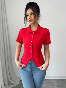 Selianne Blusa roja plisada con cuello, cintura ceñida, mangas farol, diseño retro y versátil para mujer