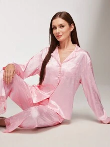 LUVLETTE Autumn And Winter Silky Satin Pink Retro Elegant Luxurious Floral Patterned Lace Trim Button-Up Top & Pants Loungewear Pajama Set For Women Pants With Pockets Lounge Sets For Women Lingerie Bridal Intimates Fall Pajamas - Pink - View 10