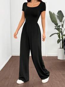 SHEIN EZwear 女士休闲黑色针织短袖连体裤 - 黑色 - 查看 6