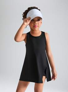 Rochie de sport elastică pentru fete tinere, fără mâneci, cu gâtul turn, cu pantaloni scurți de siguranță anti-sclipire, fustă confortabilă cu design despicat, potrivită pentru tenis, badminton, dans, alergare, sporturi în aer liber, vară