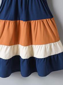 Young Girl Round Neck Cap Sleeve Colorblock Mid-Length Dress - Multicolor - View 8