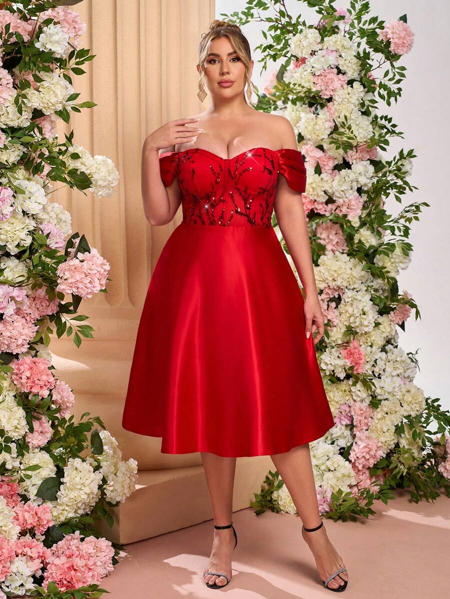 SHEIN Belle Vestido de Baile Longo Elegante de Luxo Vermelho com Lantejoulas, Recortes em Cetim, Manga Longa, Cintura Baixa, Tule Transparente, Modelo Evasê, Vestido Convidado de Casamento, Vestido para Dia dos Namorados, Vestido de Festa, Vestido de Formatura - Vinho - Visão 1