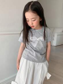 Dazy Kids Girl Casual Bow Print Short Sleeve T-Shirt,Girls Summer Outfits - Grey - View 3