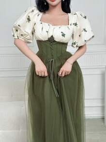 Feyla Women's Elegant Color Block Floral Print Mesh Splice Long Dress - Green - View 4