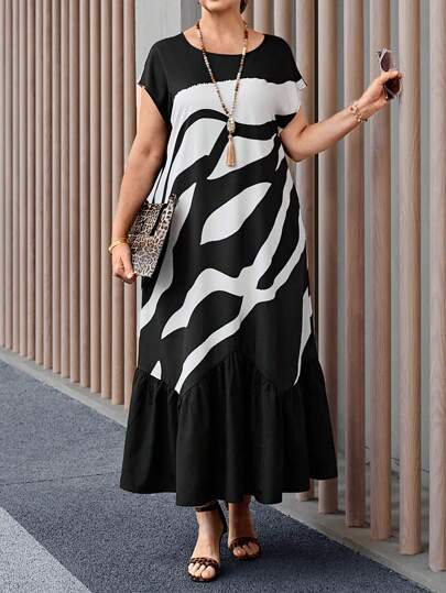 Plus Size Old Money Colorblock Print Dress, Casual Holiday Style Spring  Outfits For Women Bridal Shower Dress White ElegantEmery Rose