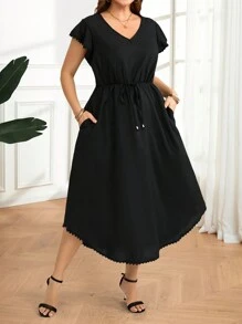 EMERY ROSE Plus Size Women Casual Solid Black Waist Cinched V-Neck Dress,Elegant Dress,Vacation Outfits Woman,Dresses For Women Summer,Casual Everyday Wear
