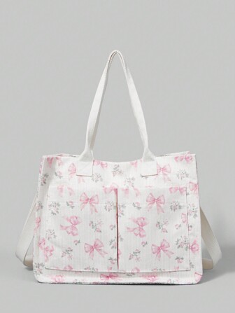 Kawaii Bolso de tela de pana blanco espacioso para mujer - Bolso convertible con estampado de lazo y floral para usar como bandolera/bolso de hombro