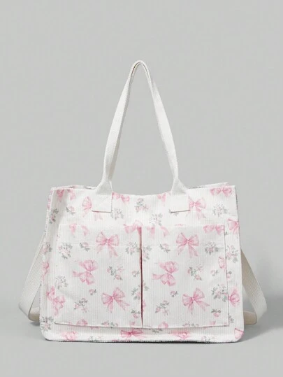 ROMWE Kawaii Women's Spacious White Corduroy Tote Bag – Bow & Floral Print Convertible Handbag For Crossbody/Shoulder Use, Tote Bags For Women, College Essentials , Pink