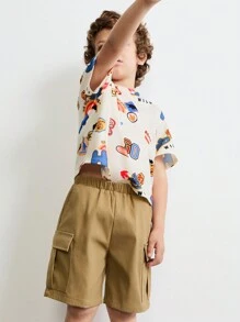 SHEIN Young Boys Pattern Print Round Neck Short Sleeve Tee And Loose Woven Shorts Set, Casual Daily Wear, Playful Style - Beige - View 7