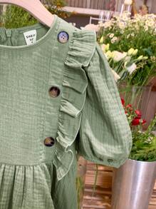 LMoss Kids LMoss Young Girl Woven Solid Color Round Neck Ruffled Hem Fitted Dress - Green - View 10