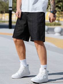 Manfinity Homme Men's Loose Fit Pocketed Wide Leg Denim Shorts - Black - View 7