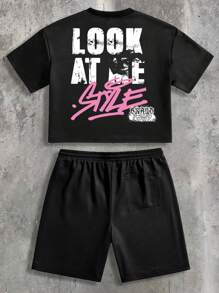Manfinity NXTstreet Men's Casual Minimalist T-Shirt And Shorts Set For Daily Wear - Black - View 2