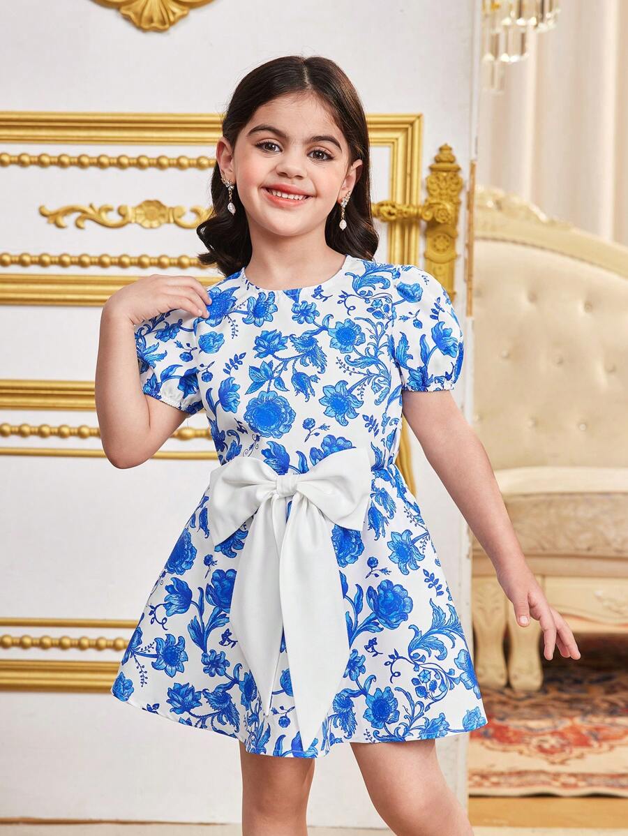 Young Girl 2 Pieces Set: Ditsy Floral Ruffled Sleeves Crop Top With Woven Skirt - Blue - View 1