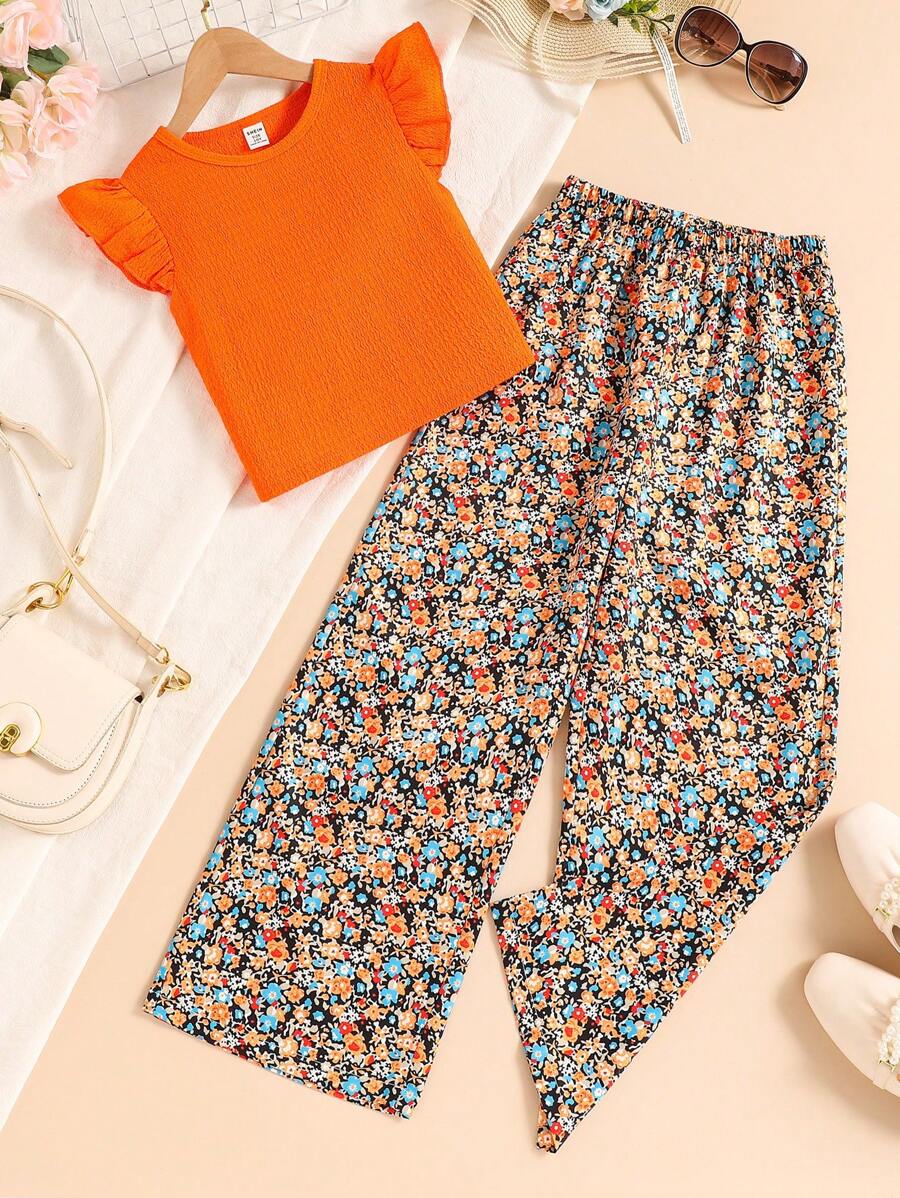 Sparklyn Bộ 2 chiếc áo crop top cổ chữ V tay lửng họa tiết dệt kim màu cam sáng và quần ống đứng họa tiết hoa nhỏ nhắn có cạp chun cho bé gái tuổi teen, trang phục thường ngày ngày lễ mùa hè - trái cam - Xem 1