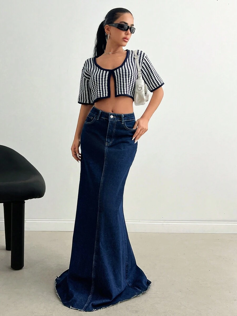SHEIN Tall Women Casual Denim Skirt, Minimalistic And Fashionable For Everyday Wear - Dark Wash - View 1