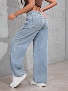 SHEIN PETITE 休闲洗水直筒牛仔裤 - 藍色 - 查看 2