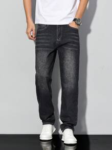 Manfinity Homme Men's Pocket Straight Loose Casual Versatile Jeans - Black - View 7