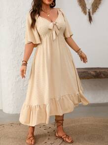 Breezaya Plus Size Cutout Flare Hem Short Sleeve Dress - Apricot - View 8