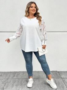 SHEIN CURVE+ Blusa elegante de manga larga con cuello redondo y encaje en contraste para mujeres talla grande, para primavera y otoño, blusa blanca de talla grande para uso casual, de fiesta o de negocios con detalles de lentejuelas - Blanco - Ver 6