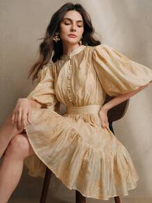 Anewsta 浪漫泡泡袖优雅镂空圆领蝙蝠袖 T 恤搭配吊带背心裙，适合约会、派对、海滩、女士春季装 - 卡其色 - 查看 1