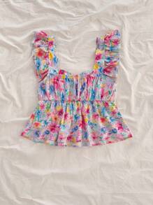 Soleia 女士度假彩色水彩花卉田园休闲年轻女孩风方领盖袖收腰 A 字衬衫，适合聚会、约会、下午茶 - 彩色 - 查看 2