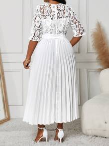 Fleurora Vestido informal de talla grande para vacaciones con unicolor, empalmado con encaje, cintura imperio, bajo plisado para verano, ropa y vestidos de mujer para otoño - Blanco - Ver 3