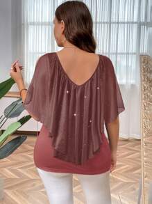 SHEIN Clasi Plus Size Fashionable Heat Transfer Silver Mesh Sheer Patchwork T-Shirt - Pink - View 2