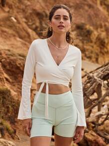 Aralina Leisurewear Wrap-Front Tie-Up Long Sleeve Active Crop Top - White - View 3