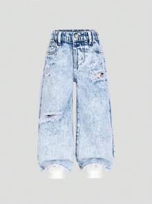 SHEIN Explorewe Young Girls' Light Blue Elastic Waist Ripped Distressed Raw Hem Simple Casual Loose Wide Leg Washed Denim Jeans, School, Campus, College - Light Wash - View 1
