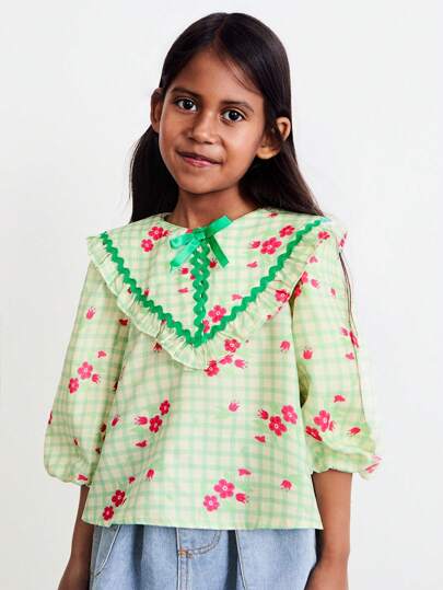 SHEIN Young Girls Green Bow Collar Ruffle Puff Sleeve Loose Blouse, Nature & Vacation Style, Spring
